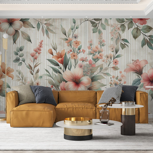 Tapete Blumen Vintage | Rosa und orangefarbene Magnolien auf gestreiftem Hintergrund