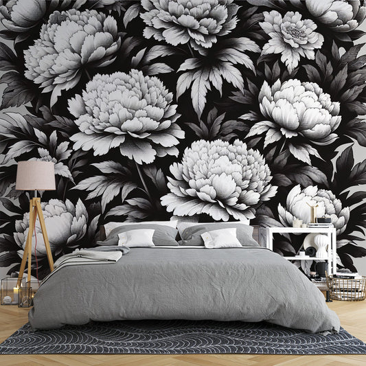 Tapete Blumen Vintage | Schwarz und Weiß mit großen Blumen