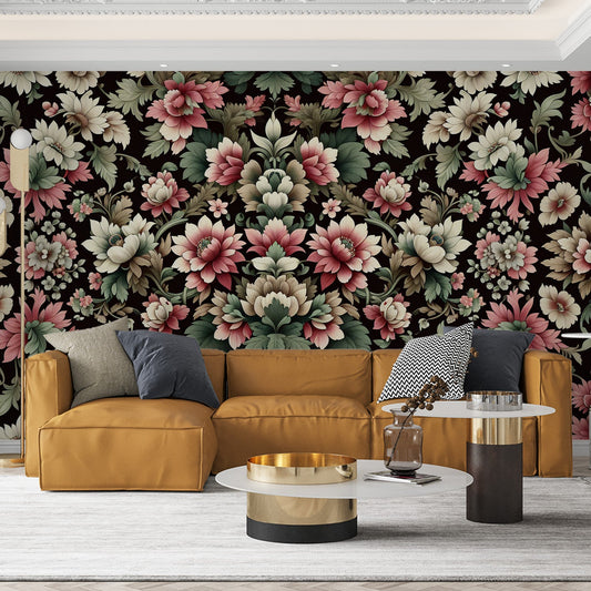 Tapete Blumen Vintage | Rosa, Weiß und Grün auf schwarzem Hintergrund