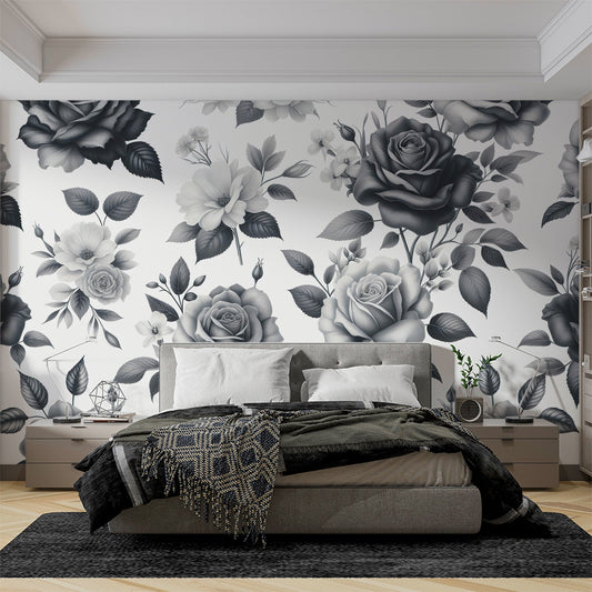 Tapete Blumen Vintage | Rosen und Blätter in Schwarz und Weiß
