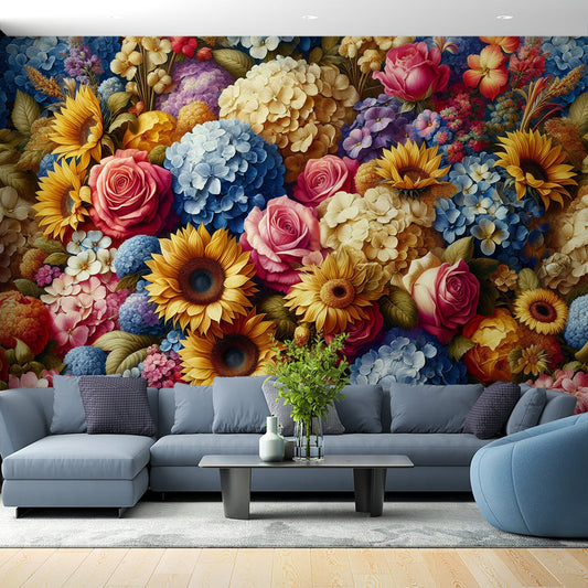 Tapete Blumen Vintage | Sonnenblumen, Rosen und bunte Blumen