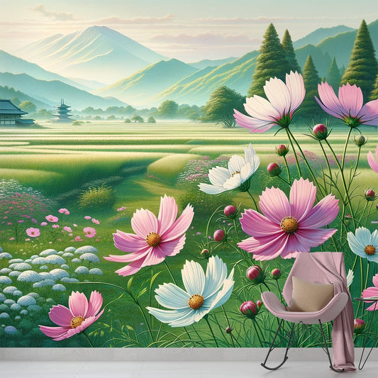 Japanische Blumen Tapete | Rosa und weiße Kosumosu Blumen mit Berg