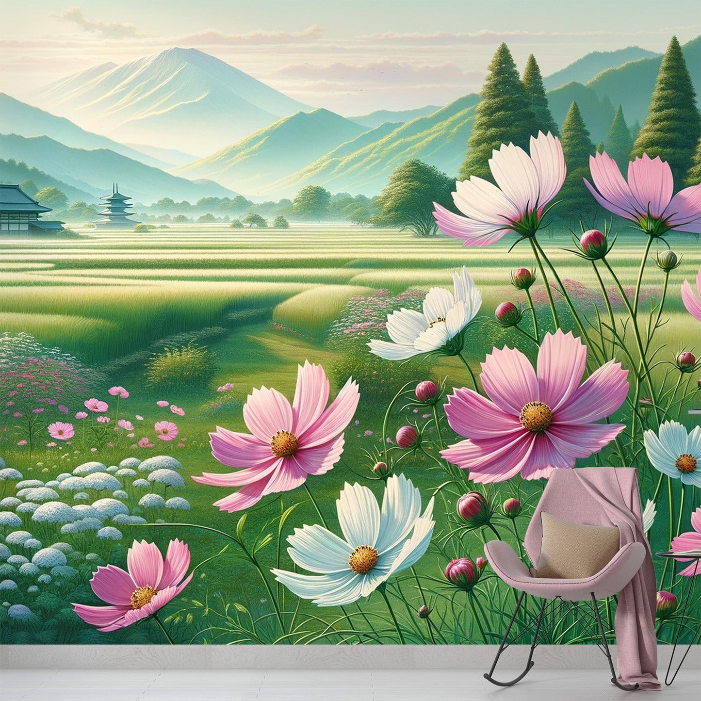 Japanische Blumen Tapete | Rosa und weiße Kosumosu Blumen mit Berg
