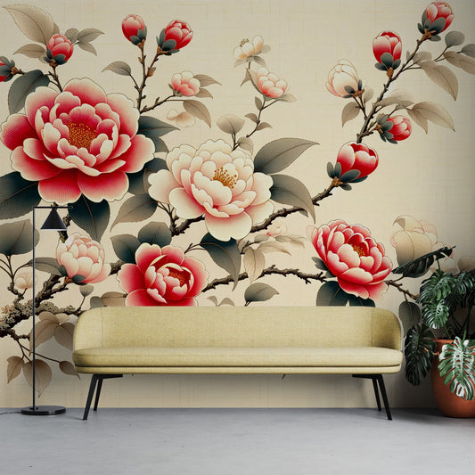 Japanische Blumen Tapete | Rosa und weiße Kamelien Tapete