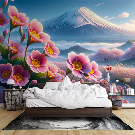 Japanische Blumen Tapete | Rosa Blumen und Mont Fuji Tapete