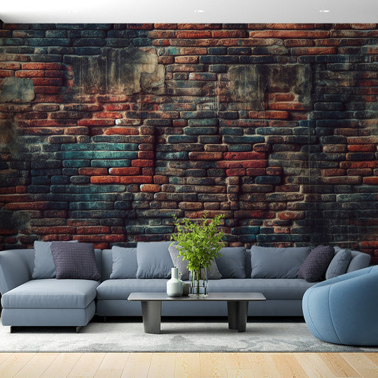 Stein Tapete | Wand mit roten Ziegelsteinen, die zu Blau verblassen
