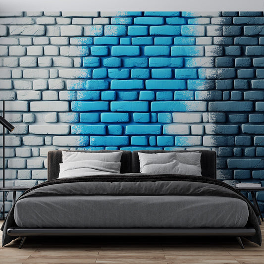 Stein Tapete | Wand aus weißen und blauen Ziegelsteinen
