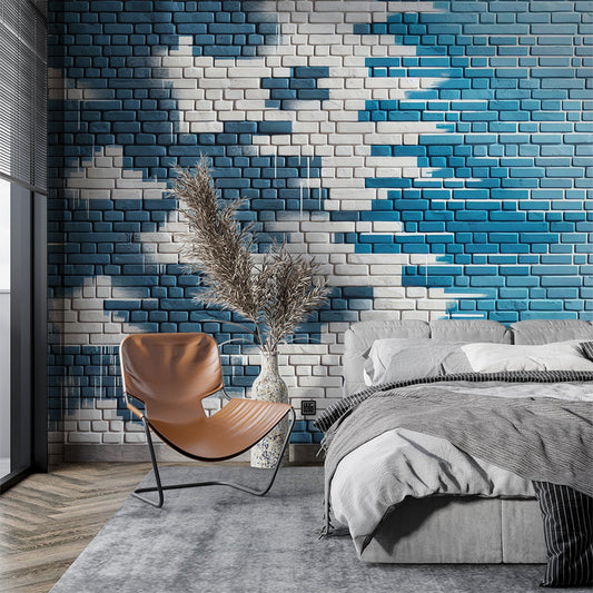 Stein Tapete | Wand aus blauen Ziegelsteinen mit weißen Wolken