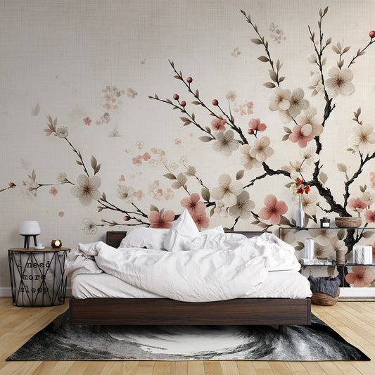 Japanische Tapete | Gewebter Hintergrund und Sakura mit weißen und rosa Blüten