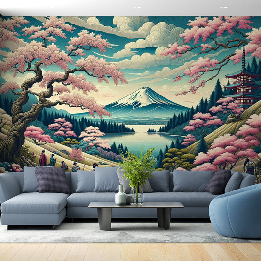 Japanische Tapete | Bunte Illustration des Fuji-Berges und des Lebens in den Bergen in Japan