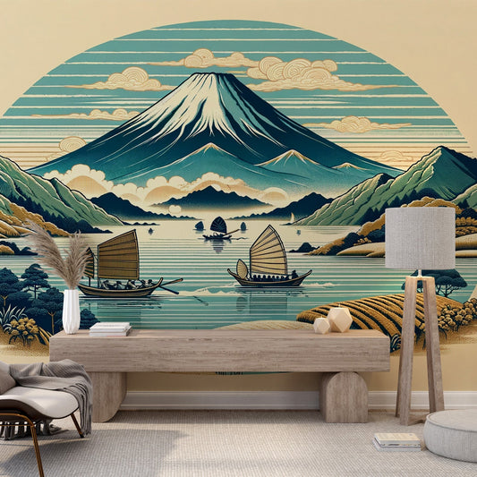 Japanische Tapete | Fuji-Berg, japanischer See und Holzsegelboot