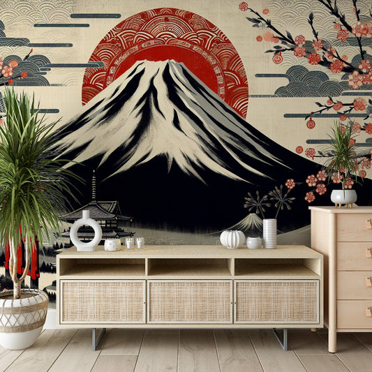 Japanische Tapete | Mont Fuji und japanischer Tempel in Rot- und Schwarztönen