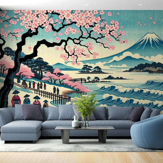 Japanische Tapete | Bunte Wellen- und Mont Fuji-Malerei