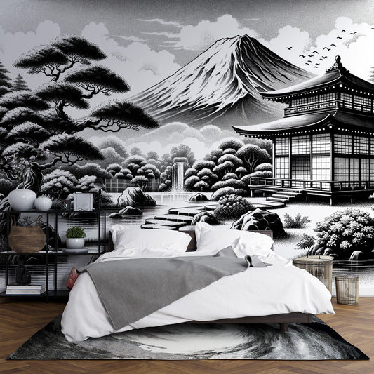 Japanische Tapete | Zeichnung eines Tempels am Fuße des Fuji-Berges