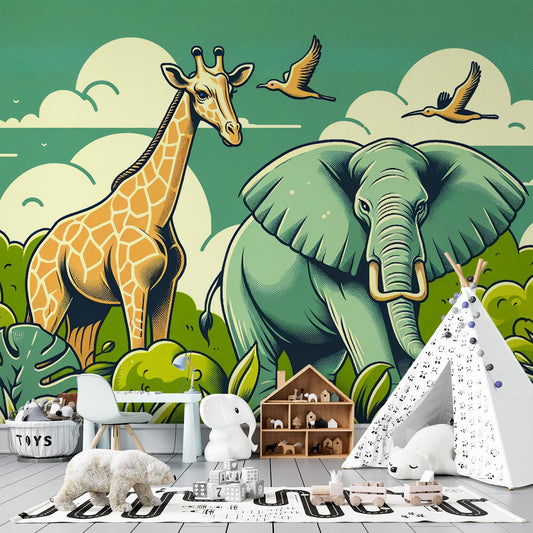 Dschungel Tapete | Giraffe, Elefant, Wolken und Vögel