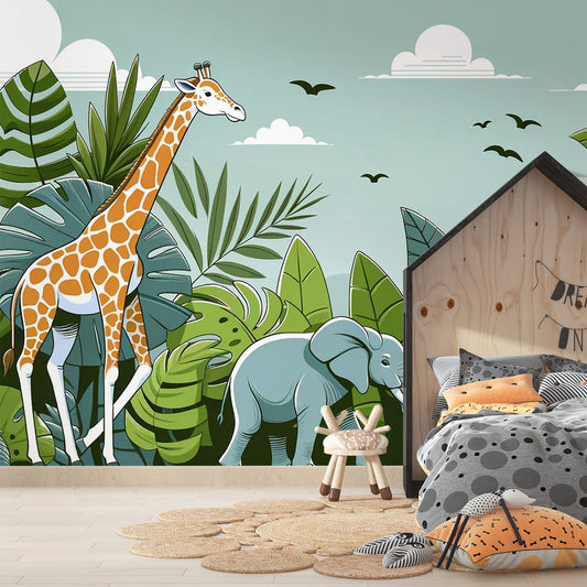 Dschungel Tapete | Blätter, Giraffe und Elefant
