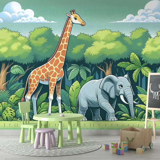 Dschungel Tapete | Giraffe und Elefant im Zeichentrick-Stil