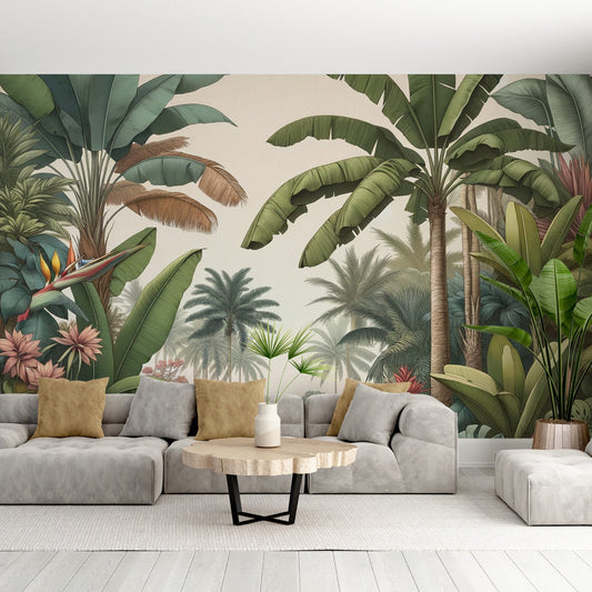 Tropische Tapete | Palmen und Bananen auf beigem Hintergrund