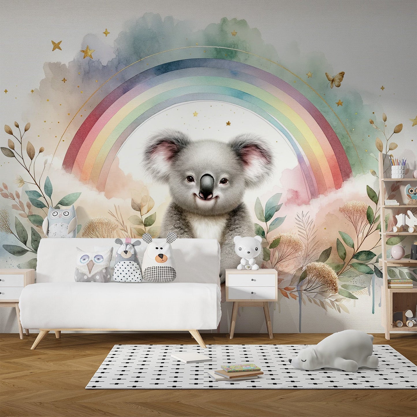 Tapete Tiere Koala | Regenbogen Aquarell mit sitzendem Koala