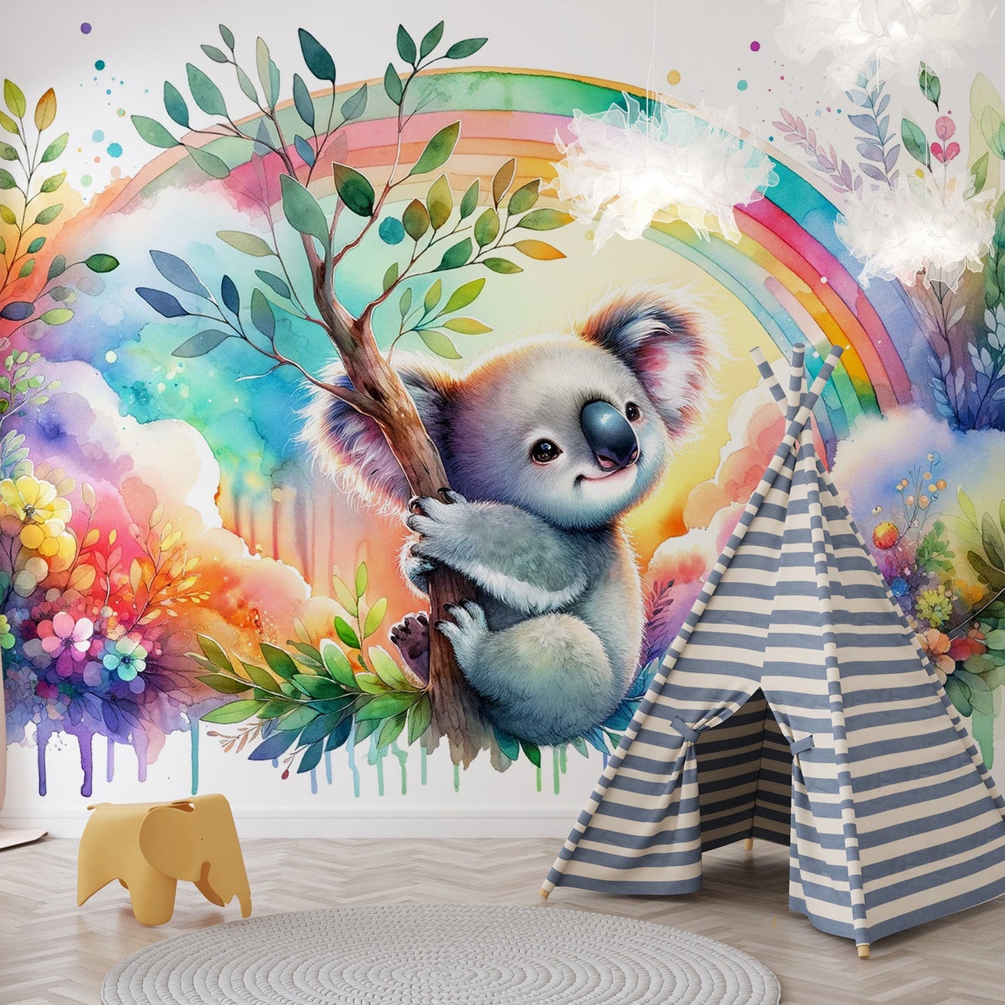 Tapete Tiere Koala | Bunte Regenbogen- und Blatt-Aquarell