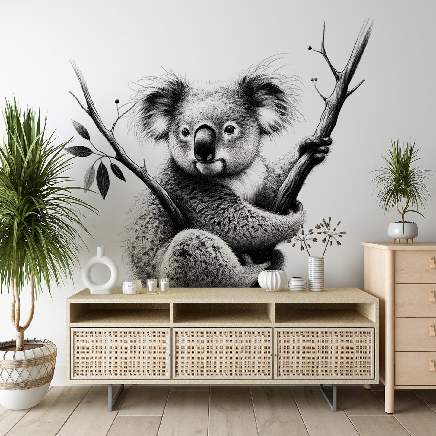 Tapete Tiere Koala | Realistische Schwarz-Weiß-Zeichnung