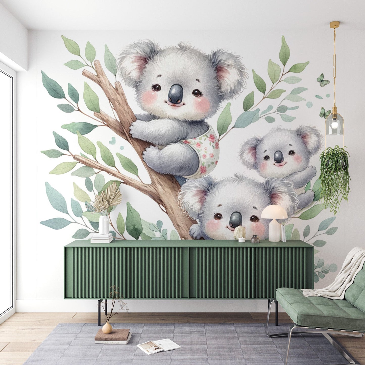 Tapete Tiere Koala | Aquarell von kleinen Koalas auf ihrem Ast