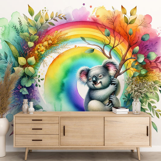 Tapete Tiere Koala | Mehrfarbiges Aquarell mit Regenbogen