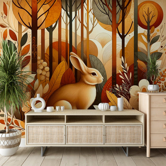 Kindertapete mit Kaninchen | Orangefarbene Töne und Vintage-Stil