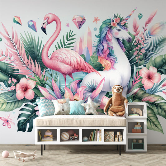 Einhorn Tapete | Flamingo, Blätter und tropische Blumen