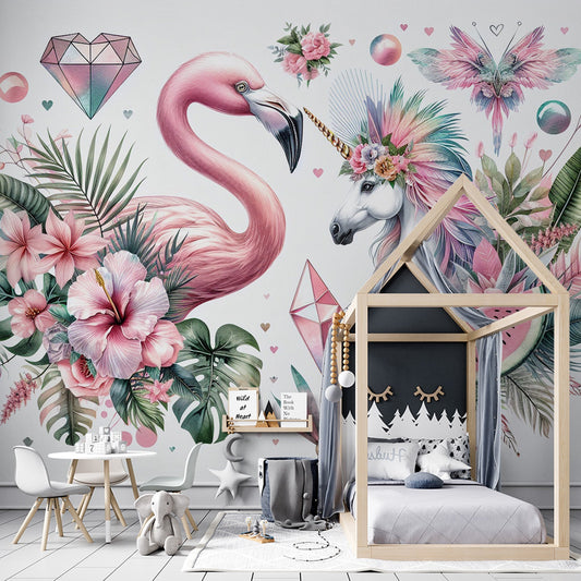 Einhorn Tapete | Flamingo, bunte Blätter und Regenbogen Einhorn