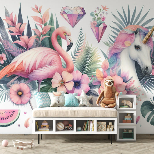 Einhorn Tapete | Flamingo, Blumen und Retro-Farben