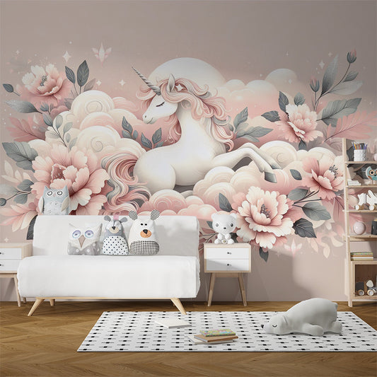 Einhorn Tapete | Wolken, rosa Blumen und liegende Einhorn Tapete