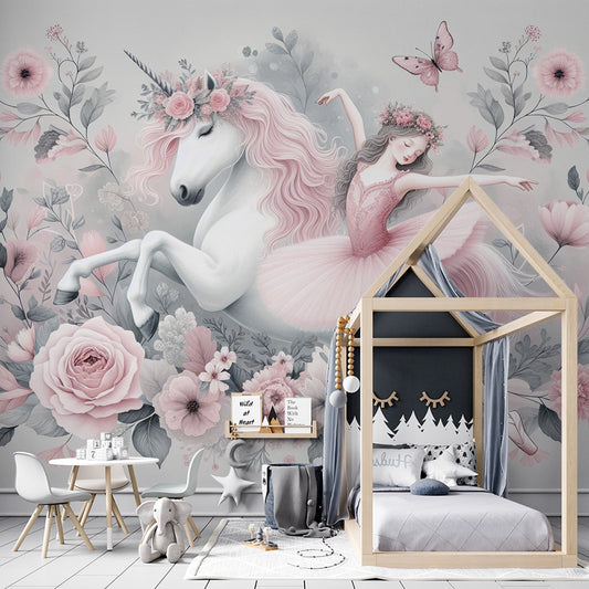 Einhorn Tapete | Kleines Mädchen im Tutu und rosa Blumen