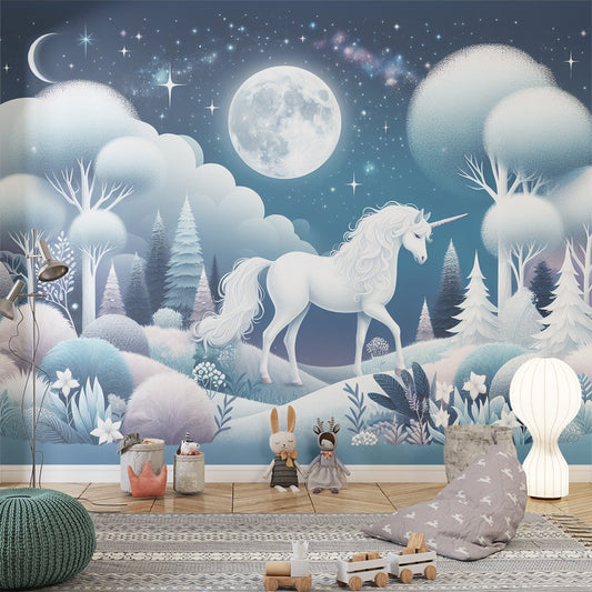 Einhorn Tapete | Vollmond und magisches Einhorn im verzauberten Wald