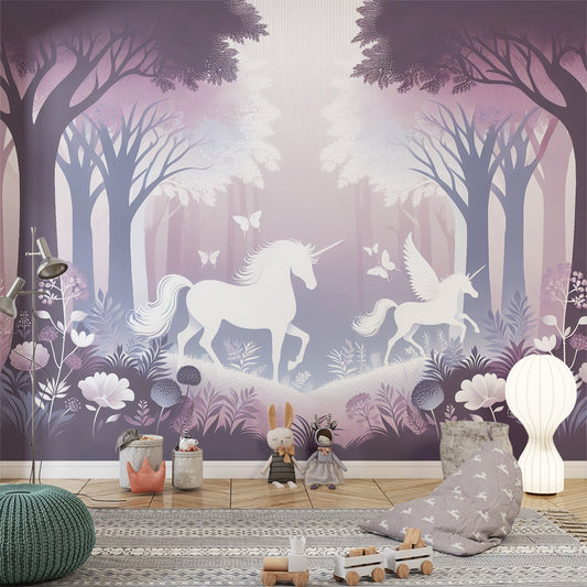 Einhorn Tapete | Weiße Einhorn Silhouetten in einem Wald in Rosa-Tönen