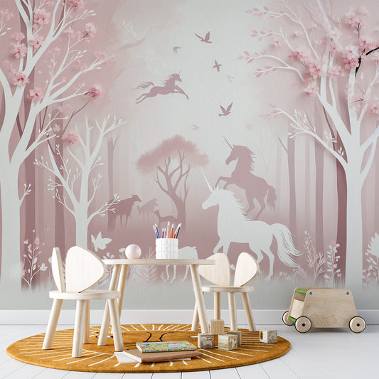 Einhorn Tapete | Einhornsilhouetten in einem rosa Wald