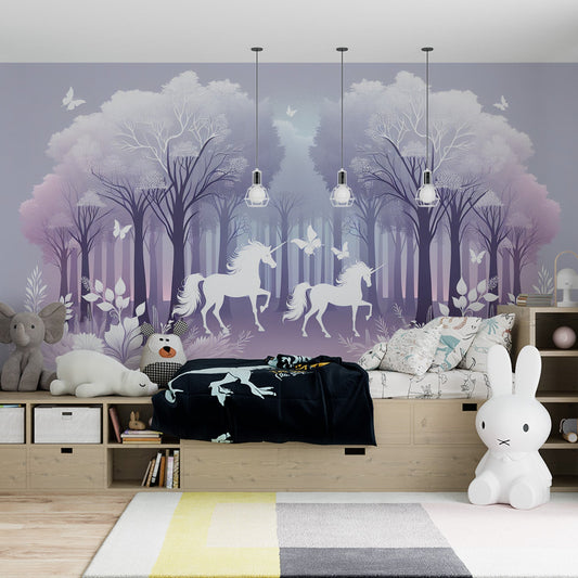 Einhorn Tapete | Einhornsilhouetten in einem violetten Wald