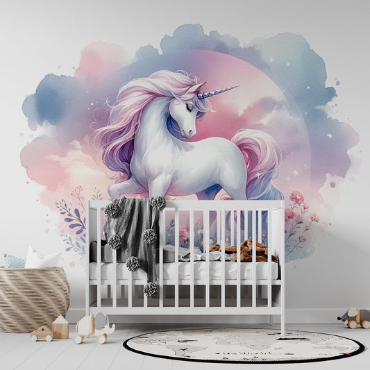 Einhorn Tapete | Rosa und Blaue Aquarellblumen Tapete