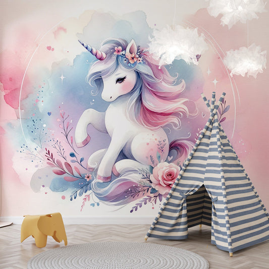Einhorn Tapete | Aquarell Blumen und kleine Einhorn