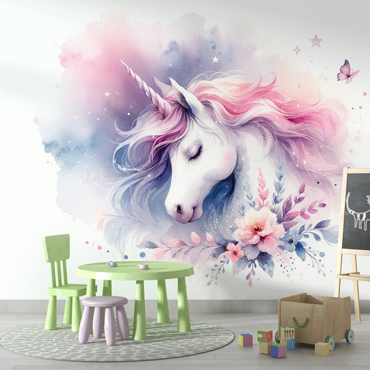Einhorn Tapete | Aquarell Schmetterlinge und Blumen Tapete