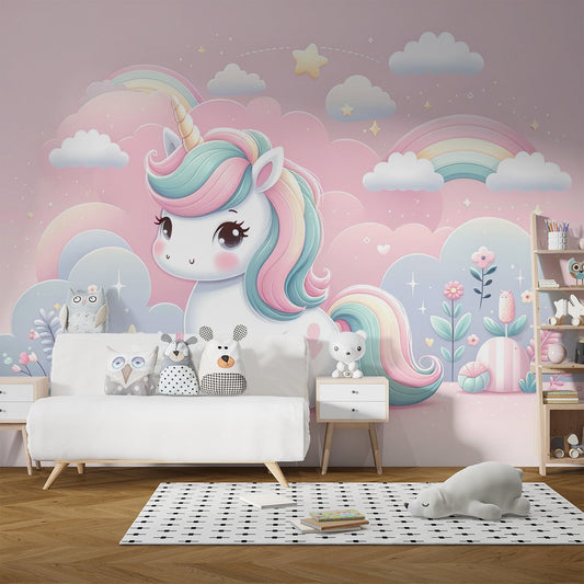 Einhorn Tapete | Regenbogen, Wolken und Blumen
