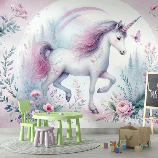 Einhorn Tapete | Blumen, Wald und Farben