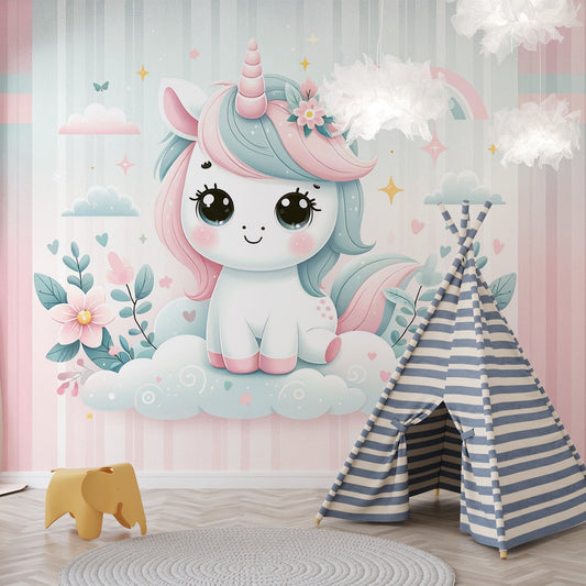 Einhorn Tapete | Gestreifter Hintergrund mit kleinen Wolken
