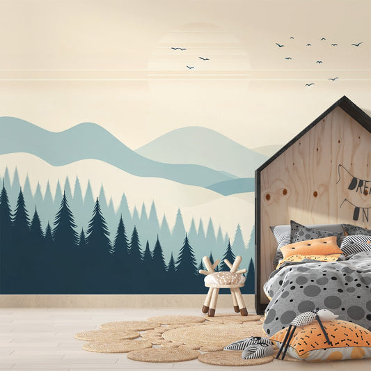 Kindertapete Berge | Blau- und Sonnenuntergangsfarbene Berglandschaft