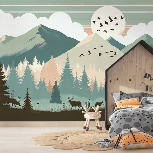 Kindertapete Berge | Tannen, Tiere und Vollmond