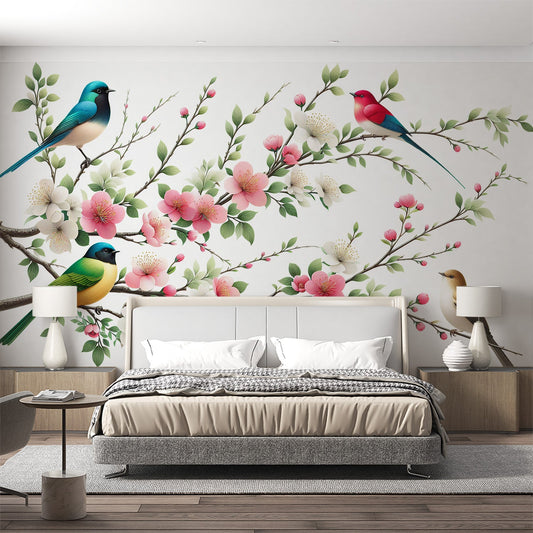 Tapete Vögel | Kirschbaum mit grünen Blättern und rosa Blüten