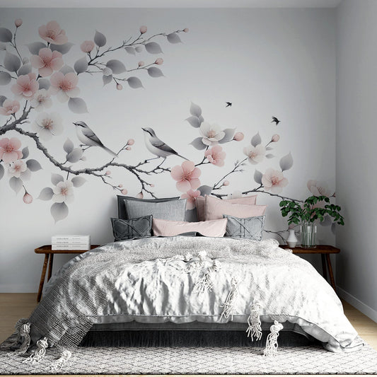 Tapete Vögel | Rosa und weißer Kirschbaum auf weißem Hintergrund