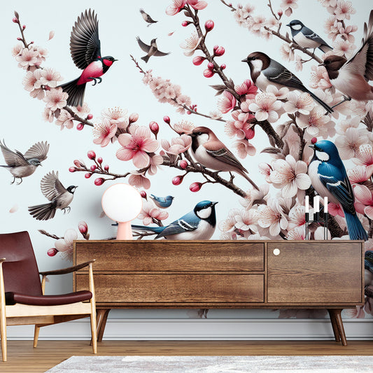 Tapete Vögel | Rosa Kirschbaum mit bunten Vögeln