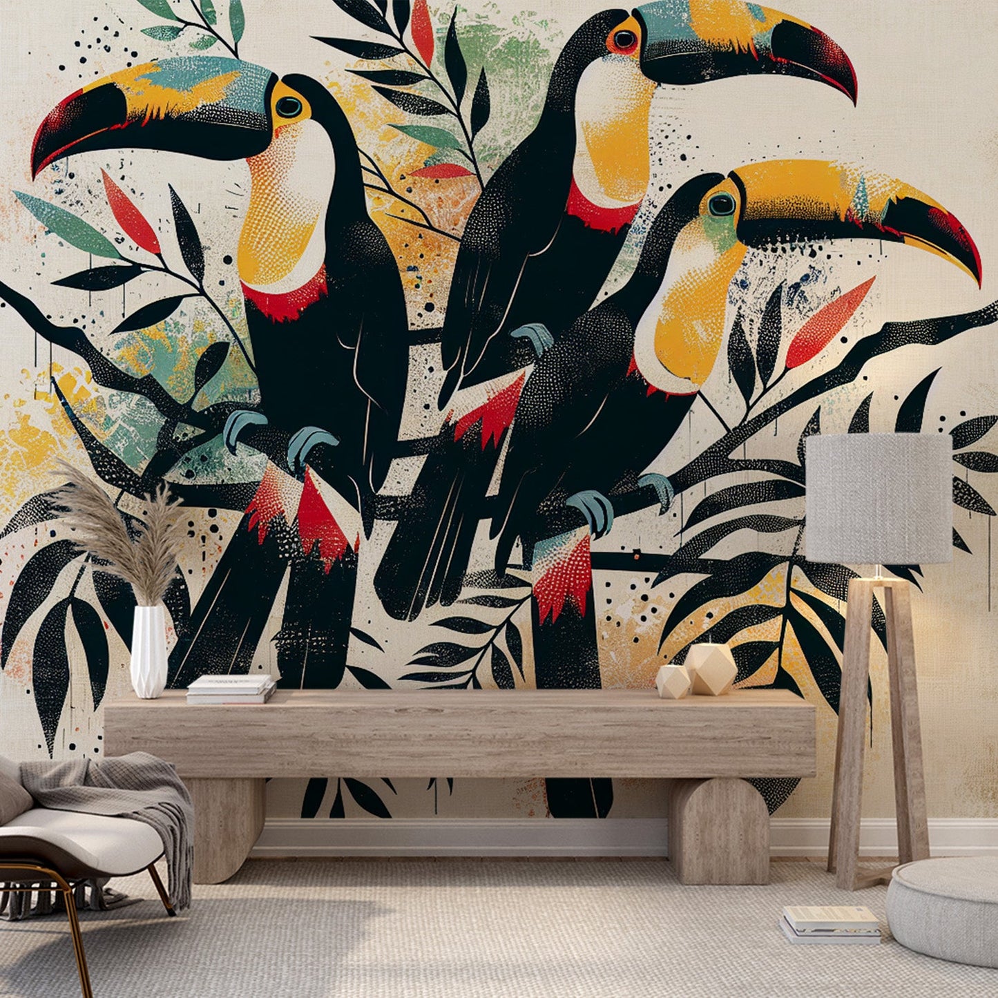 Tapete Vögel | Bunte Tukan Tapete im Retro-Stil