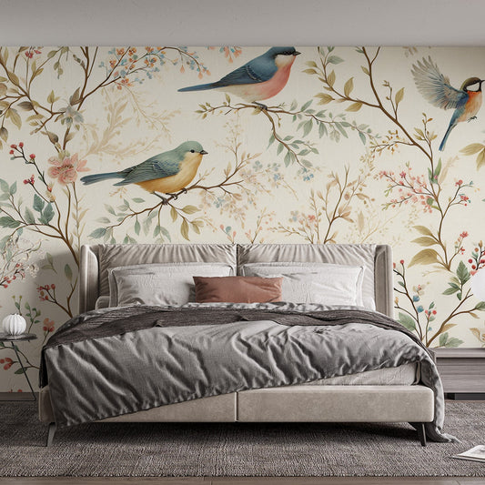 Tapete Vögel | Blätter und Vögel im Vintage-Stil